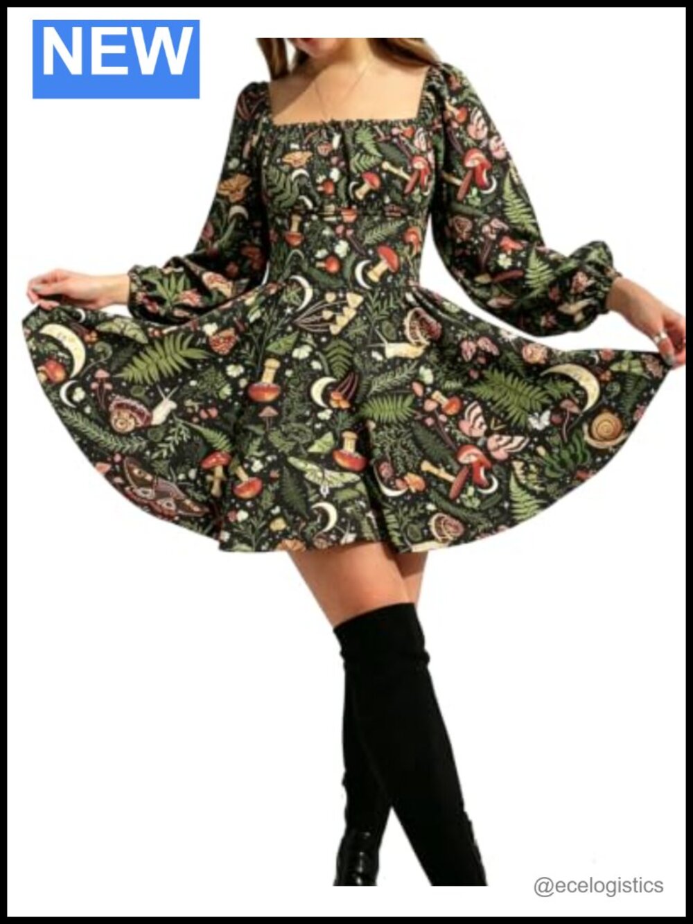 Women's Cotton Blend Square Neck Puff Sleeve Two-Piece Skirt Set